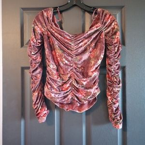 Free People Velvet Ruched Blouse Reina Burgundy Floral Off the shoulder crop top